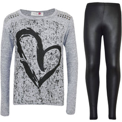 Kids Girls HEART Printed Trendy Top & Stylish Fashion Legging Set Age 7-13 Years