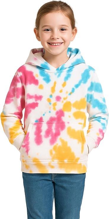 Girls Boy Plain & Tie Dye Print Sweatshirt Pullover Hooded Jumper PE School Coat