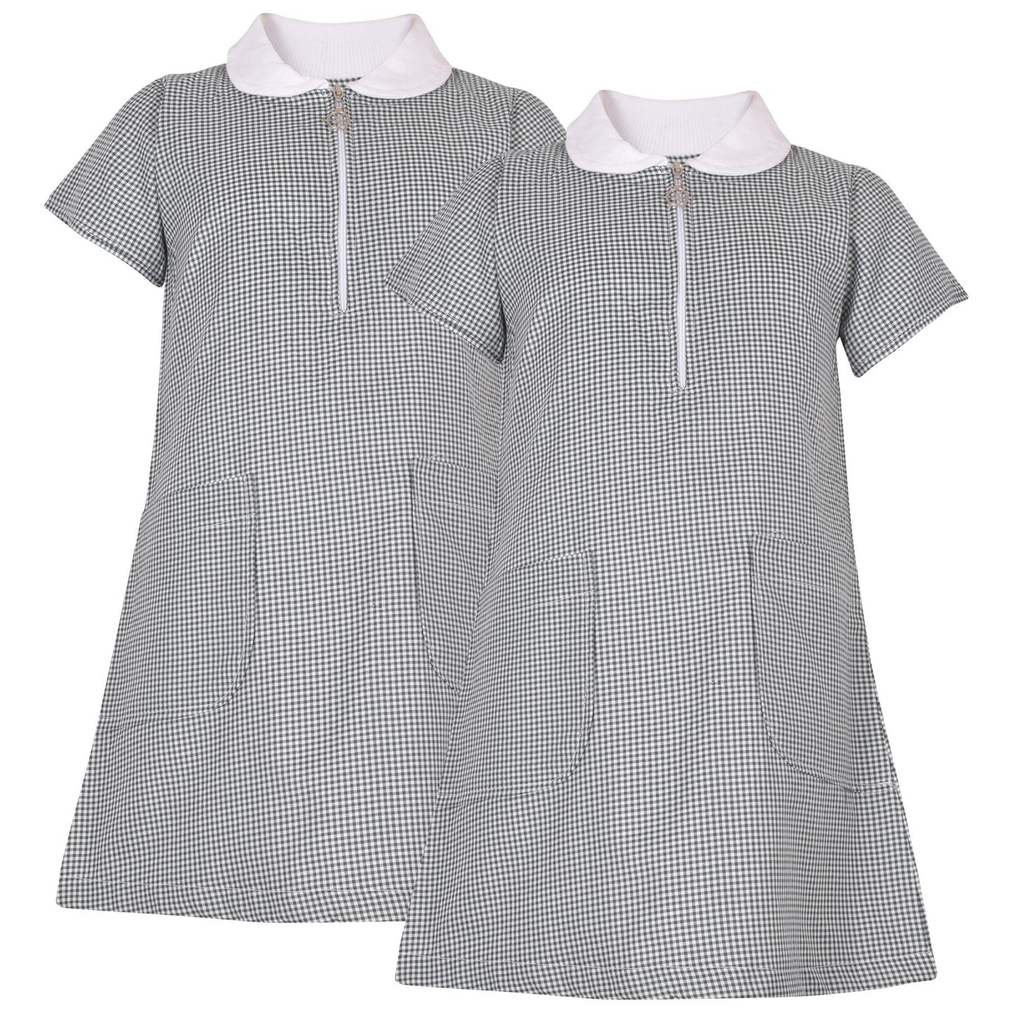 Girls Gingham 2 Pack School Dress Check Zip Up Summer Dresses With Scrunchies