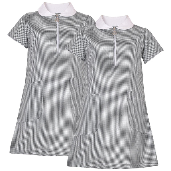 Girls Gingham 2 Pack School Dress Check Zip Up Summer Dresses With Scrunchies