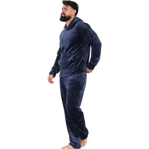 Mens Pyjamas Soft Warm Fleece Adults Hooded Pyjamas 2 Piece Gift Set For Mens