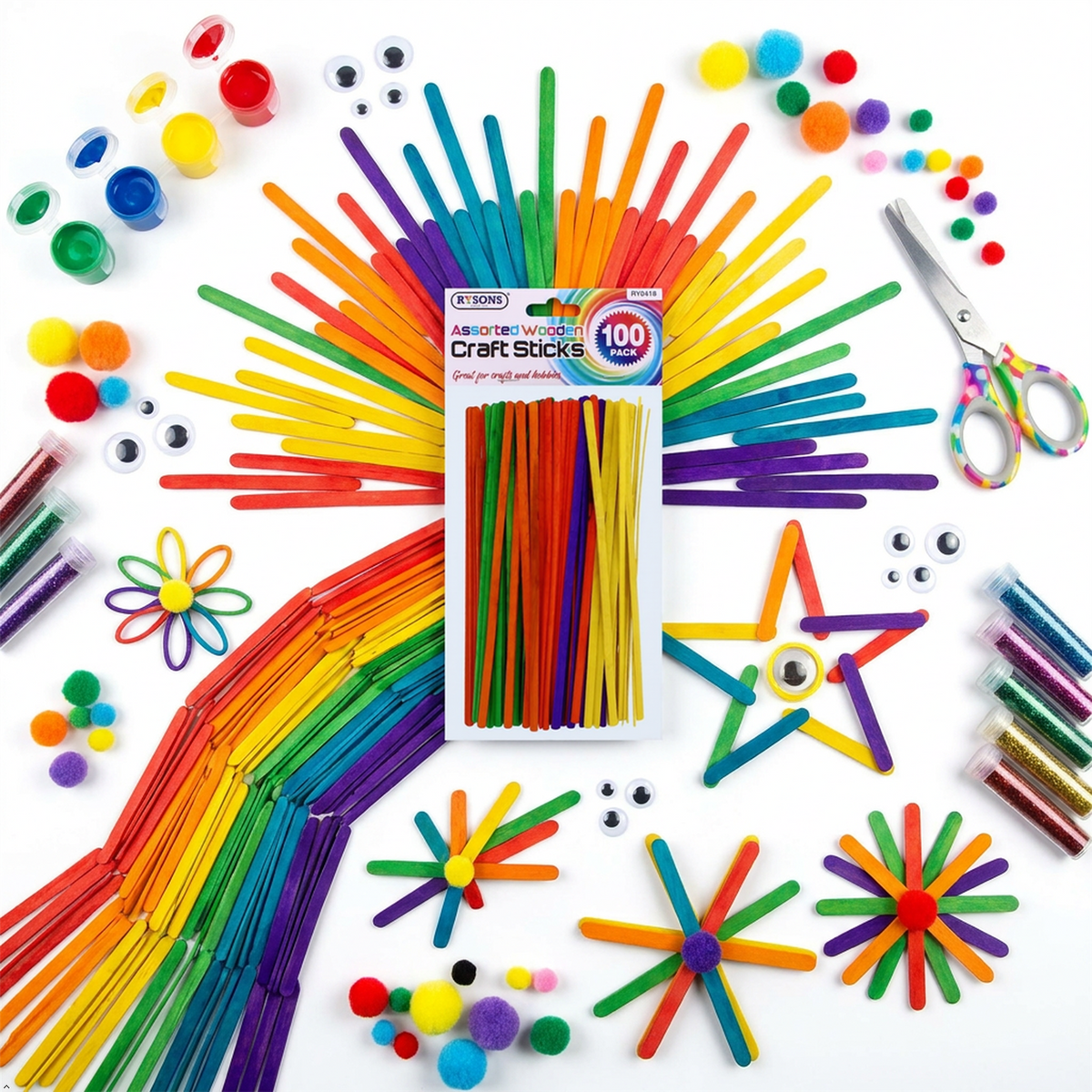 A2Z Assorted Wooden Craft Sticks 100 Pack Colour Popsicle Art Supplies 19cm