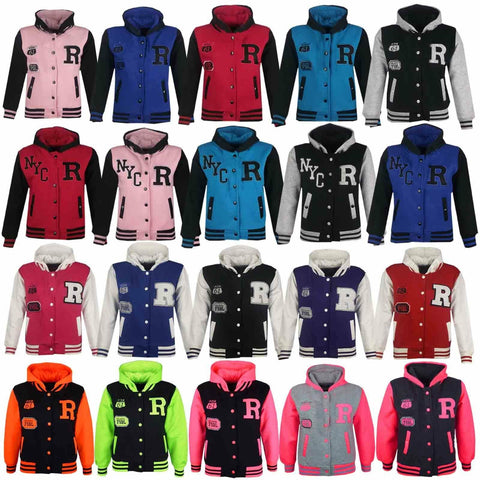 Kids Baseball Hooded R Fashion NYC/FOX Jacket Long Sleeve Coat Girls Boys 2-13Yr