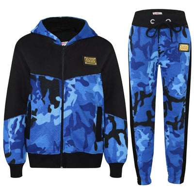 A2Z 4 Kids Boys Girls Cotton Tracksuit Camouflage Blue Fleece Hoodie Top Joggers Bottom Suit Set Age 5-13 years