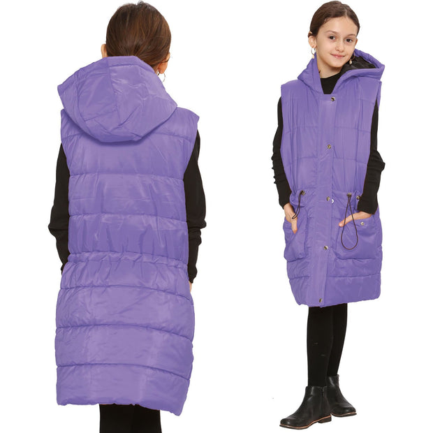 A2Z Kids Girls Down Vest Fashion Oversized Lilac Hooded Quilted Gilet Padded Long Line Vest Jacket Long Sleeveless Coat Urban Winter Wear Age 7-13 Years