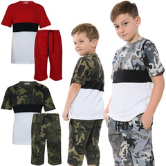 Kids Colour Contrast Panel Top & Shorts Set Summer Wear Girls Boys Age 5-13 yrs