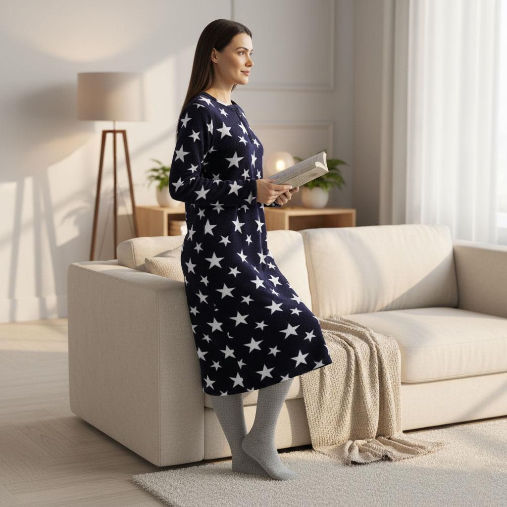 Ladies Fleece Nightie Long Sleeve Dress with Pockets Sizes 10-24