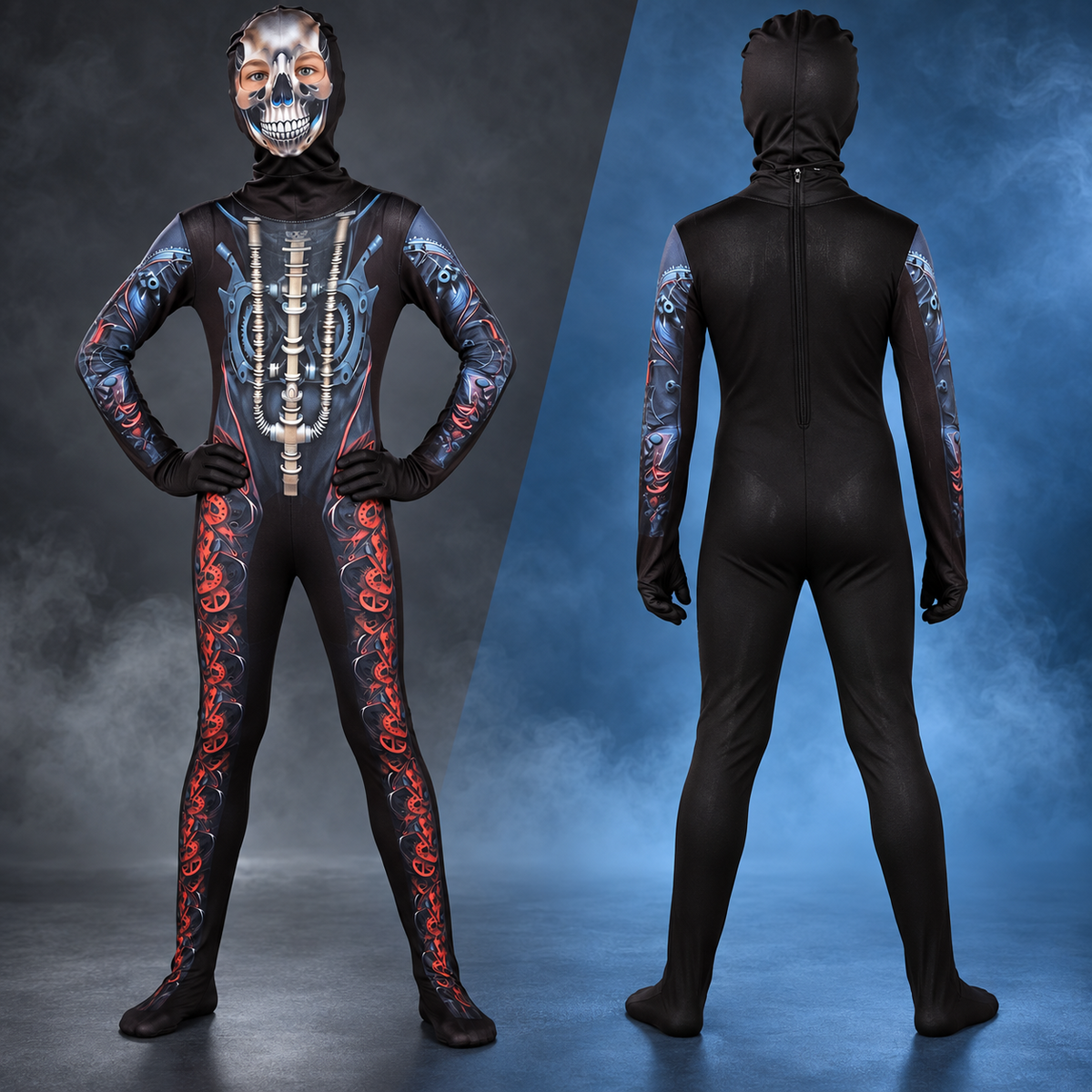 Boys Girls Mecha Skeleton Halloween Costume with Skull Mask Scary Jumpsuit 3-14