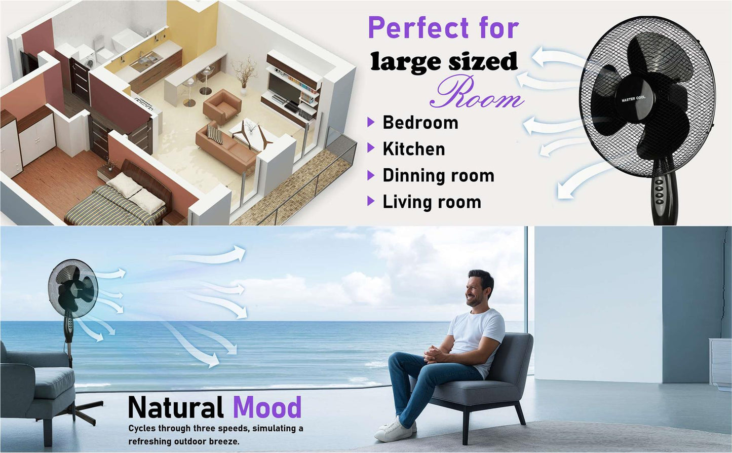 A2Z Pedestal Fan 16 Inch 3-Speed Setting Tilt Angled Oscillating Living Room Fan