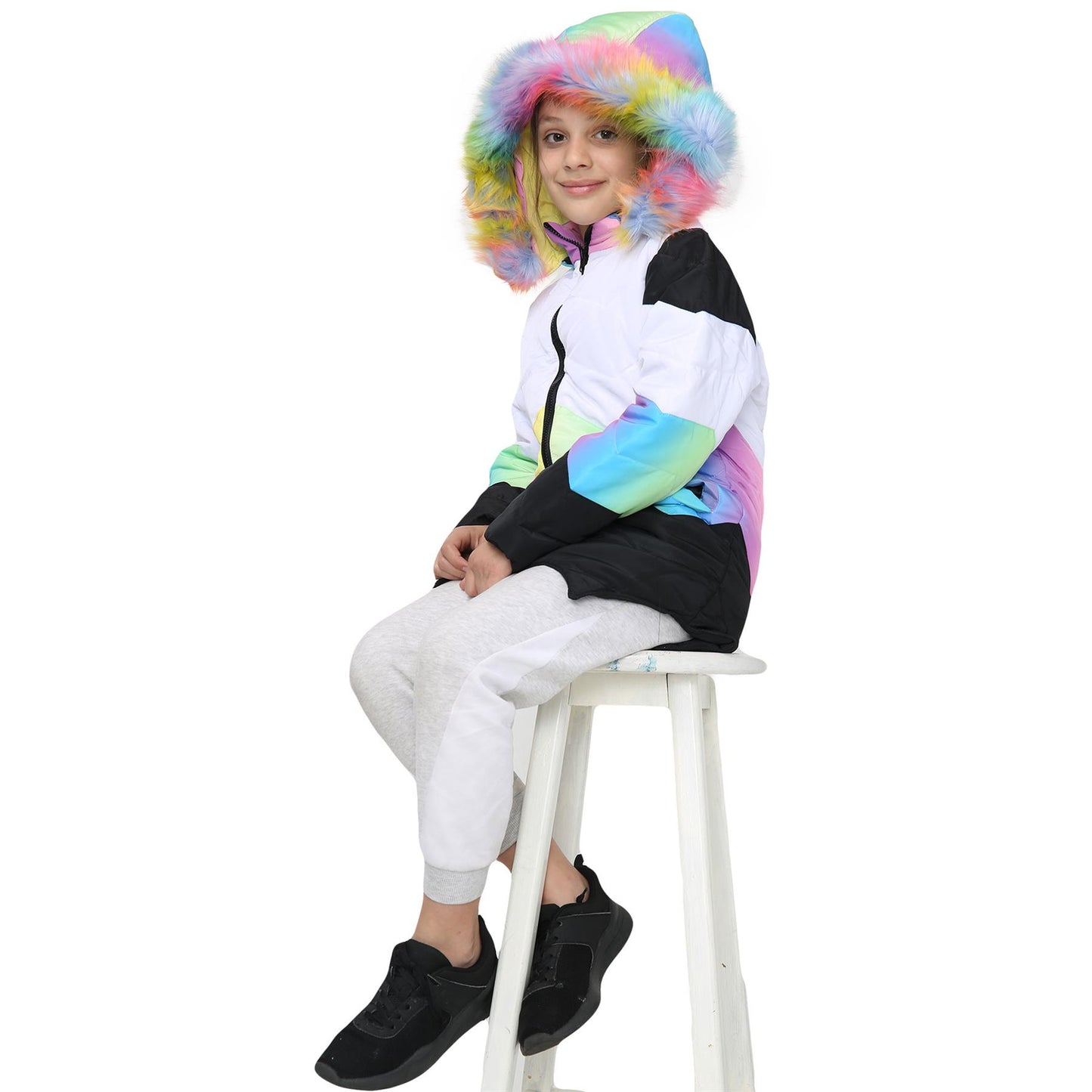 Kids Hooded Contrast Panel Puffer Coat Faux Fur Jacket For Girls 2-13yrs
