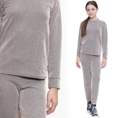 Kids Girls Ribbed Top & Bottom Tracksuit Lounge Wear Long Sleeves Outfit Set