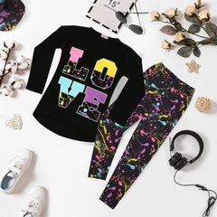 Kids Girls Long Sleeves Black Love Print T Shirt & Splash Legging Outfit Set