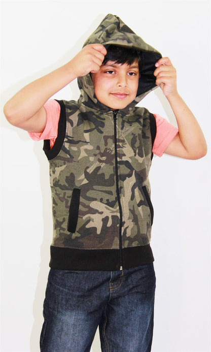 Kids Hooded Gilet Jacket Fleece Fabric No Sleeve Zipper Coat Boys Age 5-13 Year