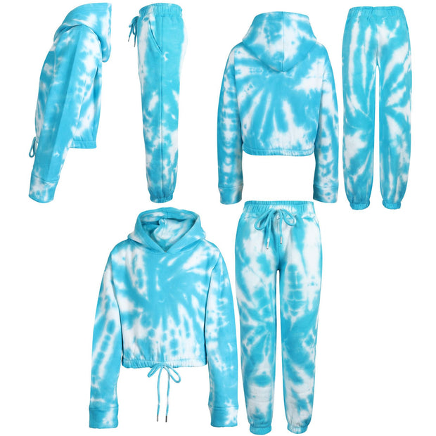 Kids Tie Dye Tracksuit Gym Cropped Hoodie Sweatpants Cord Set Girls Age 5-13