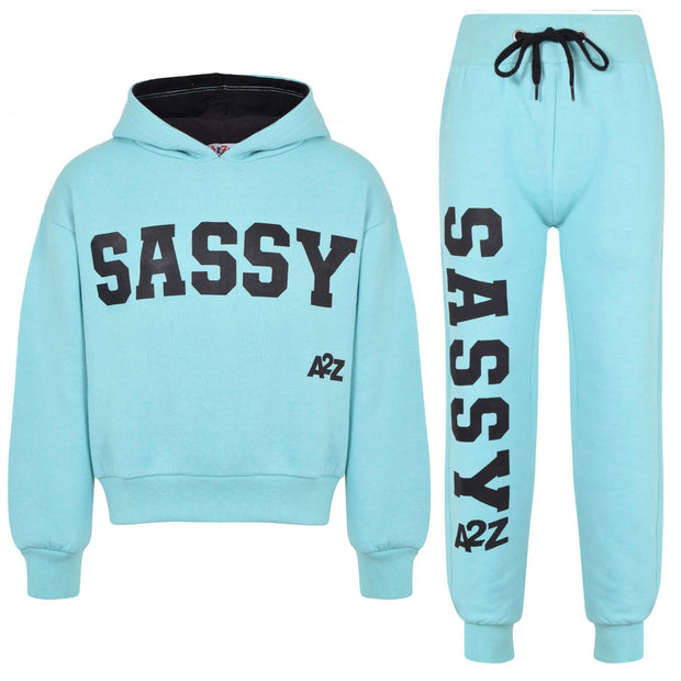 A2Z 4 Kids Girls Tracksuit Sassy Print Fleece Aqua Hooded Crop Top Bottom Jogging Suit Joggers Gift For Girls Age 5-6, 7-8, 9-10, 11-12 & 13 Years