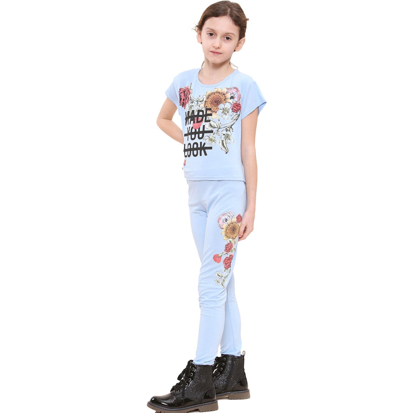 Girls Top Kids Short sleeves Made You Look Print Crop Top & Legging Set 5-13 Yrs