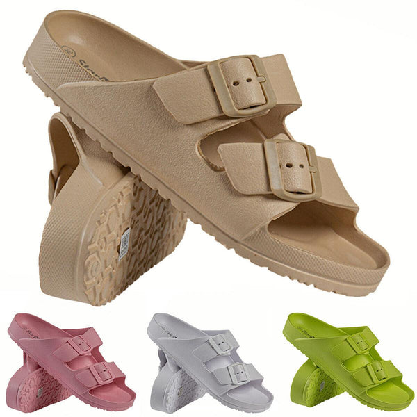 A2Z Womens Open Toe Slides Double Buckle Straps Summer Sandals Beach Pool Slider