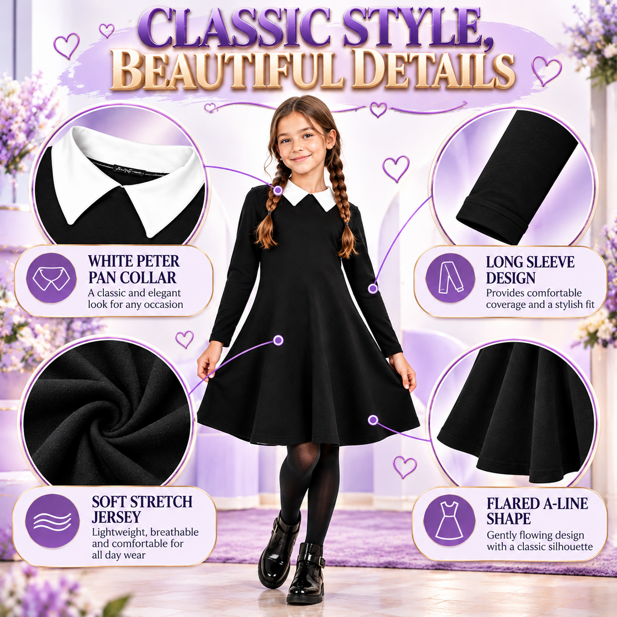 Kids Girls Swing Dress Long Sleeves Flared Gothic School Girl Uniform Dresses