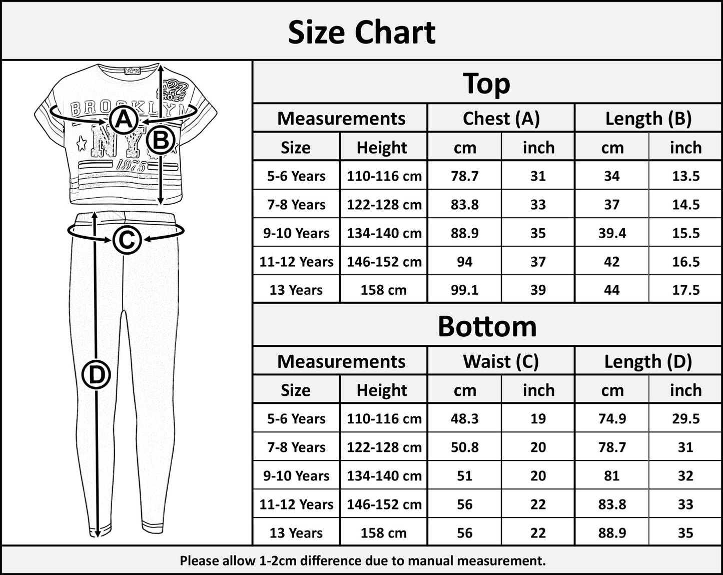 Kids Girls Tops Brooklyn NYC 1975 Stylish Crop Top Legging Lounge Wear Set 5-13Y