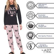 A2Z Ladies 2 Piece Pyjama Set Loungewear Soft Cotton PJS Lazy Day Printed Long Sleeve Black Top Bottom Gift for Ladies Matching PJS Lounge Suit S/M/L/XL/2XL