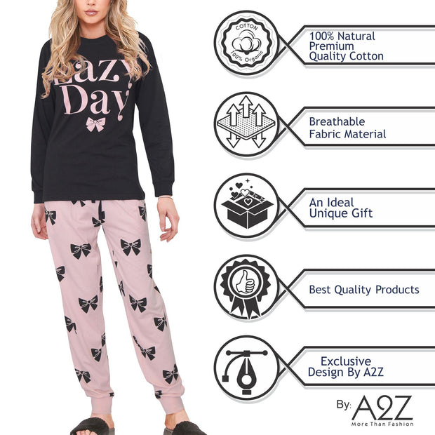 A2Z Ladies 2 Piece Pyjama Set Loungewear Soft Cotton PJS Lazy Day Printed Long Sleeve Black Top Bottom Gift for Ladies Matching PJS Lounge Suit S/M/L/XL/2XL