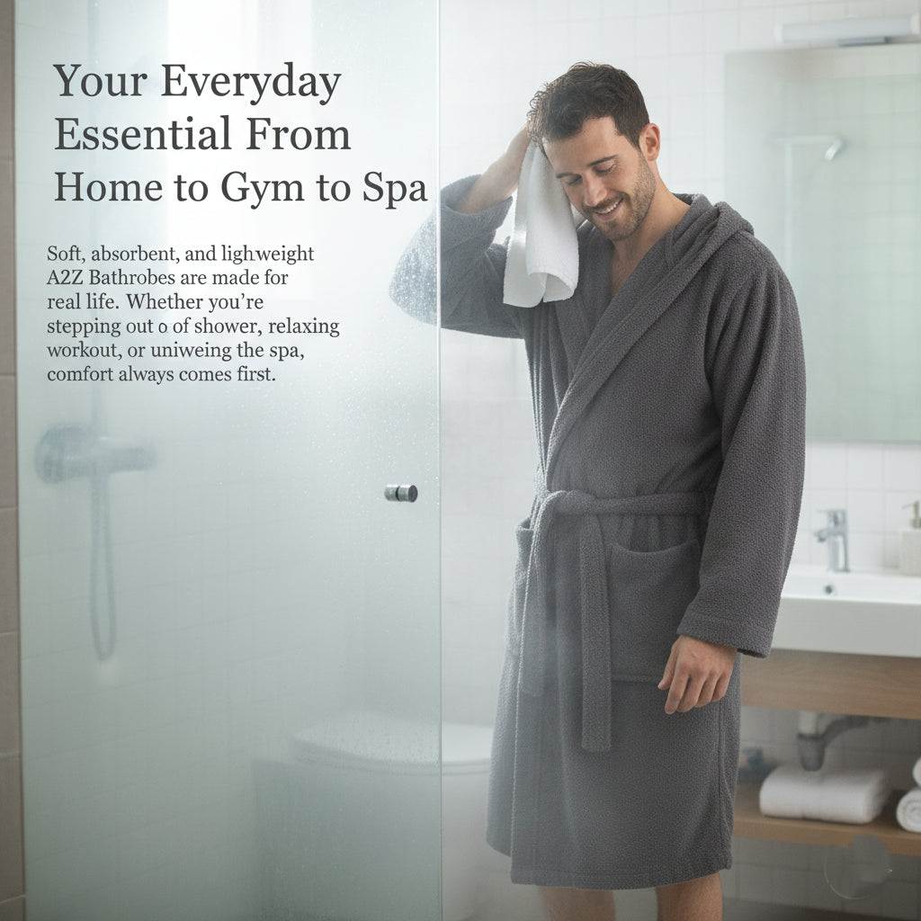 Mens Hooded Towelling Robe Soft Cotton Absorbent Bathrobe with Belt Deep Pockets