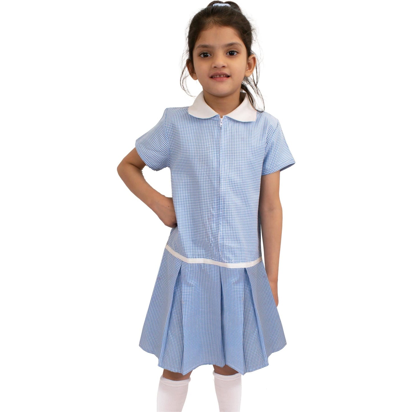 Kids Girls Gingham School Dress Zip Up Check Dresses With Matching Scrunchies