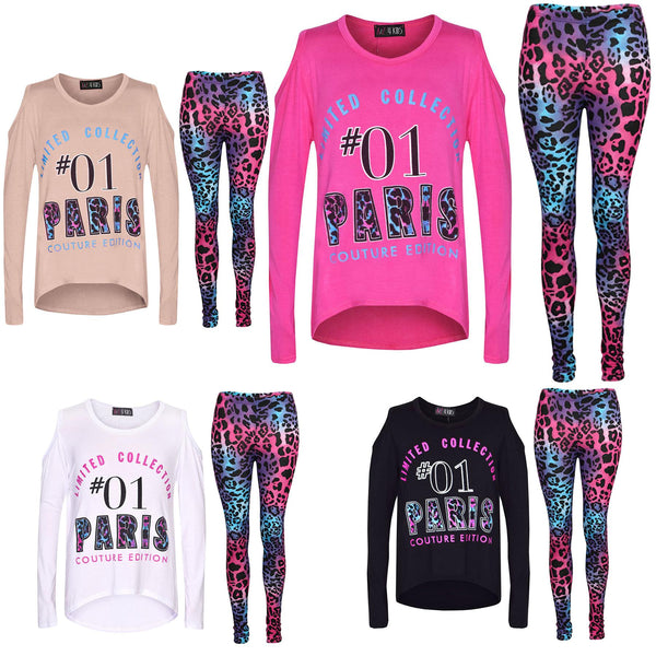 Girls Top Kids #01 Paris Print Trendy Top & Multi Leoaprd Legging Set 7-13 Years