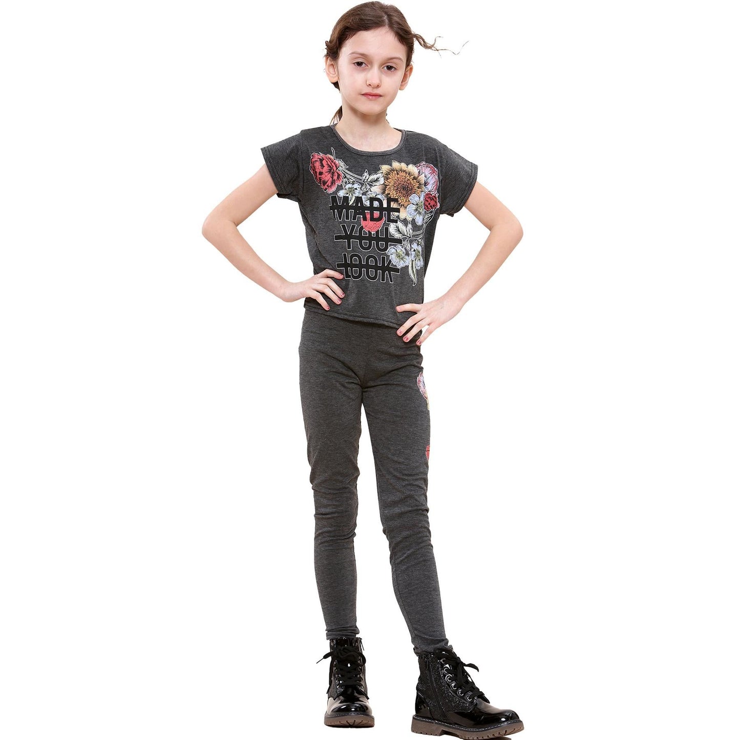 Girls Top Kids Short sleeves Made You Look Print Crop Top & Legging Set 5-13 Yrs