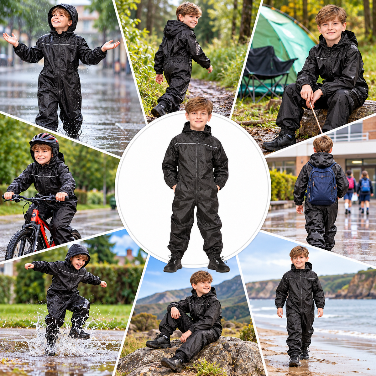 Girls Boys Raincoat Kids Puddle Suit Rainwear Waterproof Hooded Rainsuit 2-13 Yr