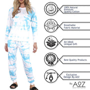 A2Z Ladies 2 Piece Pyjama Set Loungewear Soft Cotton PJS Tie Dye Printed Long Sleeve Blue Top Bottom Gift for Ladies Matching PJS Lounge Suit S/M/L/XL/2XL