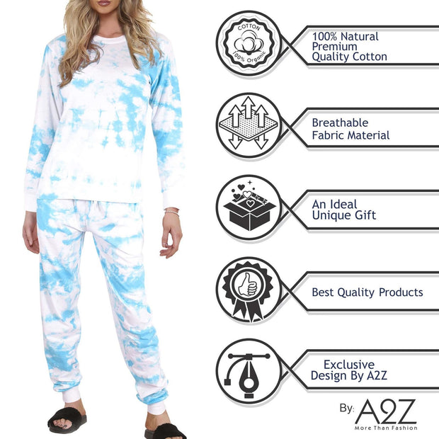 A2Z Ladies 2 Piece Pyjama Set Loungewear Soft Cotton PJS Tie Dye Printed Long Sleeve Blue Top Bottom Gift for Ladies Matching PJS Lounge Suit S/M/L/XL/2XL