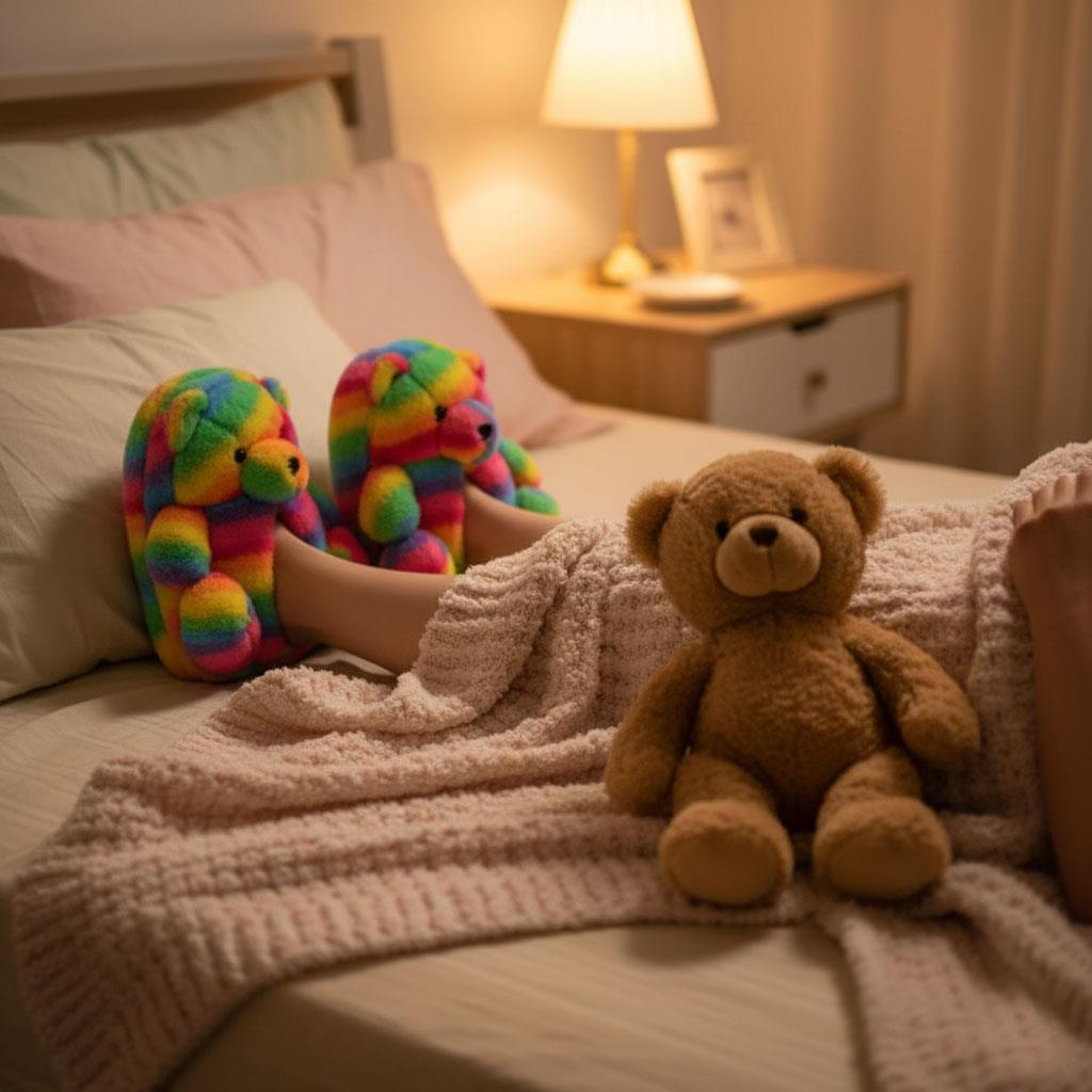 Kids Girls Womens 3D Rainbow Bear Slippers Cute Animal Face Soft Plush Warm Shoe