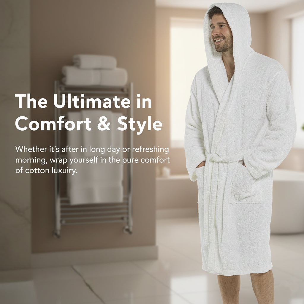 Mens Hooded Towelling Robe Soft Cotton Absorbent Bathrobe with Belt Deep Pockets