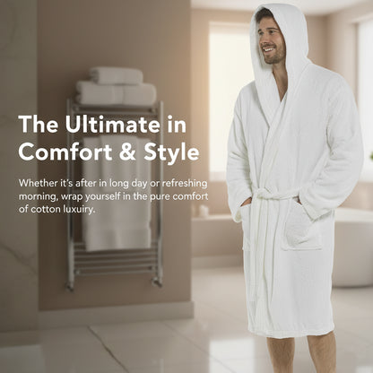 Mens Hooded Towelling Robe Soft Cotton Absorbent Bathrobe with Belt Deep Pockets