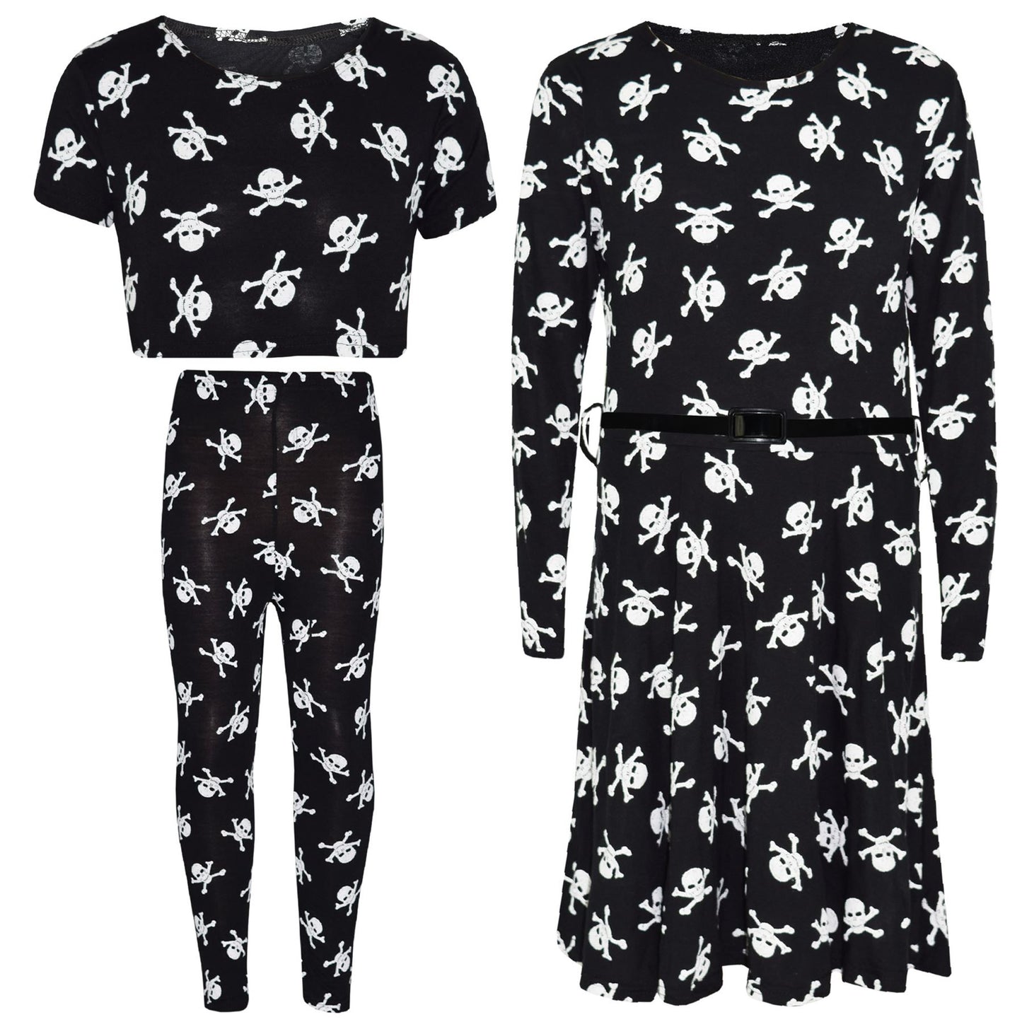 Kids Girls Skull Print Crop Top Legging Skater Dress Halloween Costume 7-13 Year
