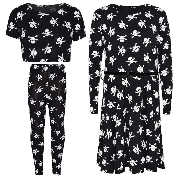 Kids Girls Skull Print Crop Top Legging Skater Dress Halloween Costume 7-13 Year