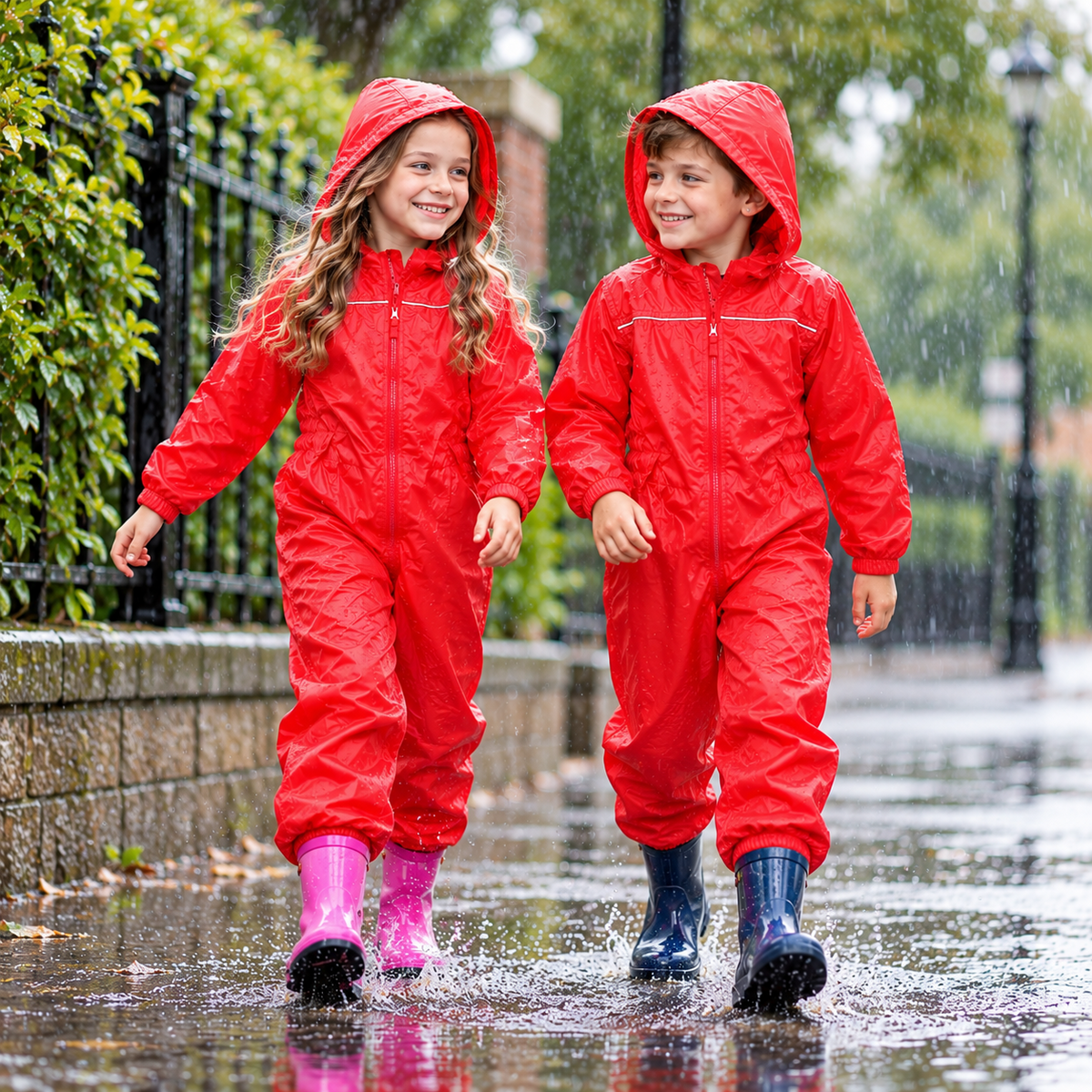 Girls Boys Raincoat Kids Puddle Suit Rainwear Waterproof Hooded Rainsuit 2-13 Yr