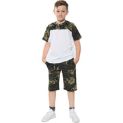 A2Z 4 Kids Two Colour Block Contrast Panel Camo Green Top & Shorts Set Short Sleeves T Shirt Summer Outfit 2 Piece Activewear Girls Boys Age 5-13 Years