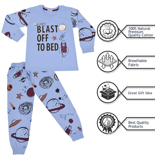 Kids Boys Rocket Spaceship Blast Off Blue Pyjamas PJs 2 Piece Sleepwear Set - A2Z 4 Kids