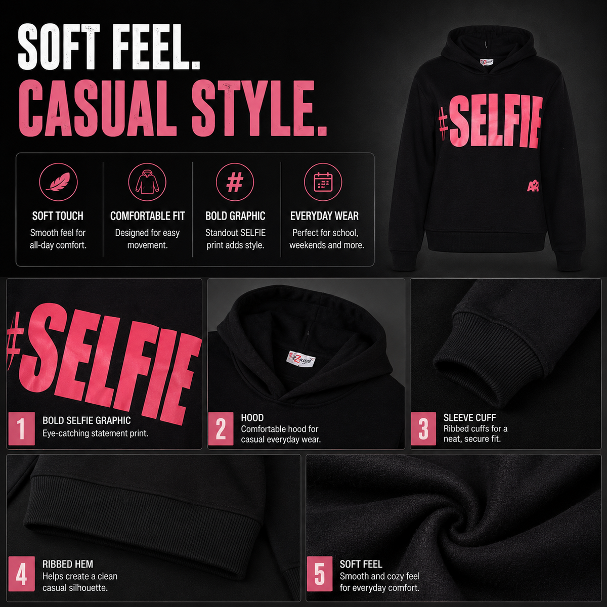 Kids Girls Boys Sweat Shirts Tops #Selfie Hooded Jumpers Hoodies New Age 2-13 Yr