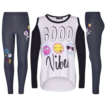 Girls Top Kids Good Vibes & Emojis Print T Shirt Tops & Jegging Set 7-13 Years
