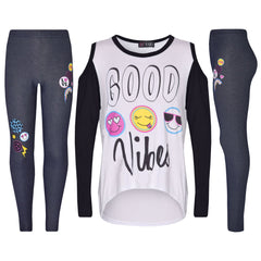 Girls Top Kids Good Vibes & Emojis Print T Shirt Tops & Jegging Set 7-13 Years