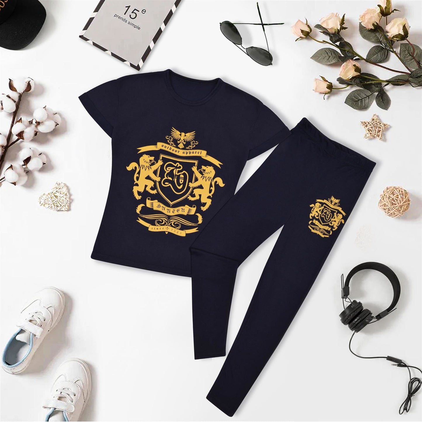Girls Top Kids Short sleeves Varsity Lion Print T Shirt & Legging Outfit Set