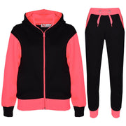 A2Z 4 Kids Plain Contrast Fleece Tracksuit Neon Pink Hooded Top And Bottom Sweatpants Joggers Sports Gymwear Jogging Suit Activewear Hoodie With Jogger Set Girls Childrens Age 5-13 Years