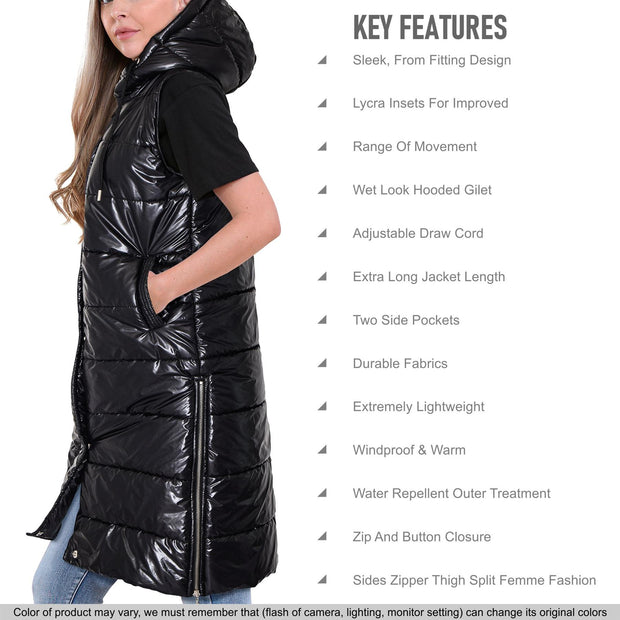 Ladies Sleeveless Gilet Oversized Hooded Quilted Gilet Padded Long Line Coat