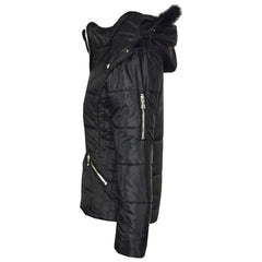Girls Puffer Jacket Quilted Winter Coat Faux Fur Hood Warm Padded Zipped Coat