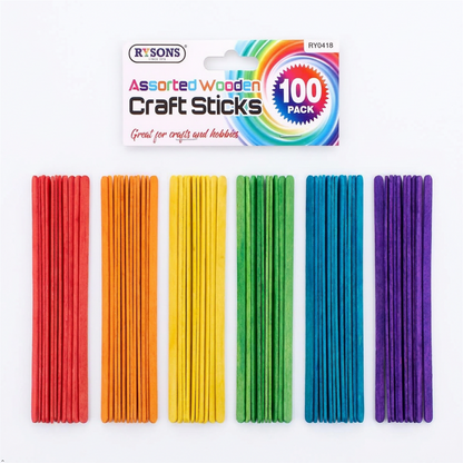 A2Z Assorted Wooden Craft Sticks 100 Pack Colour Popsicle Art Supplies 19cm