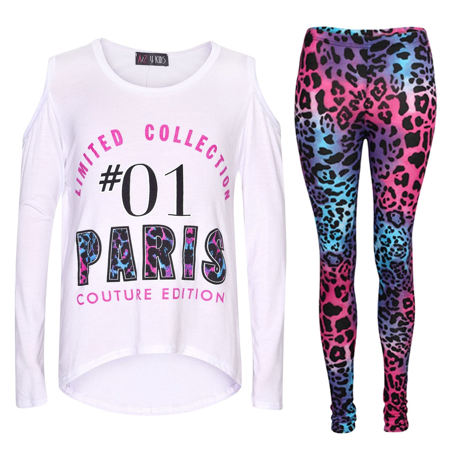 Girls Top Kids #01 Paris Print Trendy Top & Multi Leoaprd Legging Set 7-13 Years