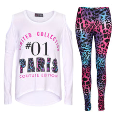 Girls Top Kids #01 Paris Print Trendy Top & Multi Leoaprd Legging Set 7-13 Years